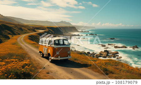 Vintage camper van parking at the beach with suitcases on top during on vacation near a sea 108179079
