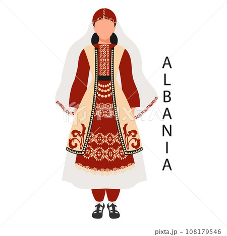 Woman in Albanian folk costume. Ethnic culture and traditions of Albania. Illustration, vector 108179546