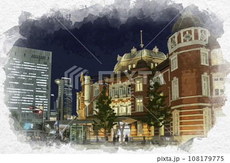 水彩画風　東京駅丸の内駅舎南ドーム　東京都千代田区 108179775