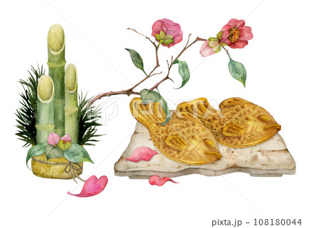 Watercolor hand drawn traditional Japanese sweets. Ceramic dish, taiyaki, camellia, kadomatsu. Isolated on white background. Design for invitations, restaurant menu, greeting cards, print, textile 108180044