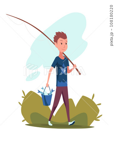 Children fishing icon. Guy coming from successful fishing trip. Fisherman, fish catch cartoon. Cartoon boy catching fish. Flat vector illustration 108180220