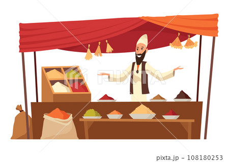 Asian street market or bazaar in old eastern city. Cartoon vendors selling in local marketplace. Sellers at counters or traditional retailing Asian street market or bazaar in old eastern city. Cartoon vendors selling in local marketplace. Sellers at counters or traditional retailing 108180253