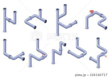 Pipes isometric set. Pipe tube for water. Plumbing construction pipeline with serviceable element. 3d industrial water system 108180717