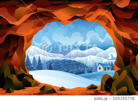 Cave landscape. Winter nature scene of cave entrance. Prehistoric dungeon, rock cavern game illustration. Vector illustration of tunnel in mountain or mine in rocks 108180736
