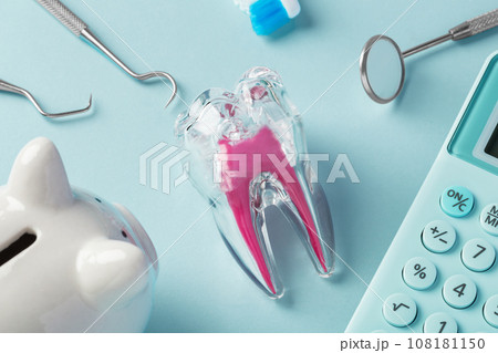 Tooth and tools with piggy bank and calculator on blue background 108181150