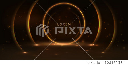 Elegant golden circle glowing with lighting effect sparkle on dark brown background. Elegant golden circle glowing with lighting effect sparkle on dark brown background. 108181524