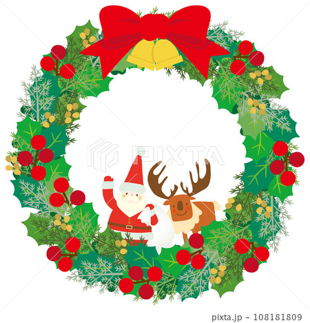 クリスマスリースの中からサンタクロースとトナカイがのぞくかわいいベクターイラスト 108181809