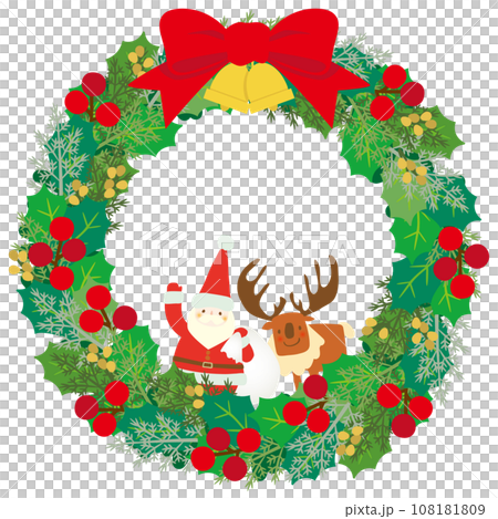クリスマスリースの中からサンタクロースとトナカイがのぞくかわいいベクターイラスト 108181809