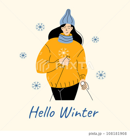 Woman with poles skiing or walking in winter Happy female sport character in sweater and knitted hat Woman with poles skiing or walking in winter Happy female sport character in sweater and knitted hat 108181908