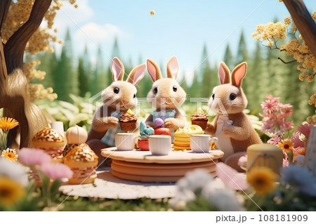 ウサギのピクニック（3D）ジオラマ 108181909