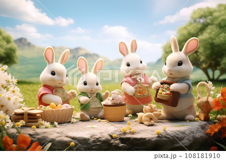 ウサギのピクニック（3D）ジオラマ 108181910