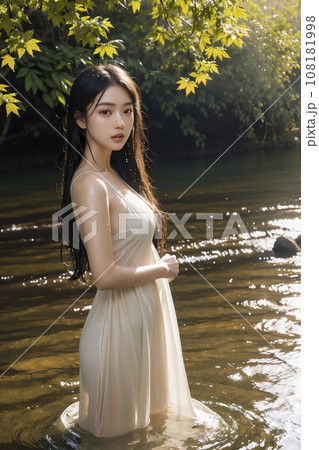川　濡れたドレス　妖艶な女性のポートレート（AI生成画像） 108181998