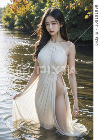 川　濡れたドレス　妖艶な女性のポートレート（AI生成画像） 108181999