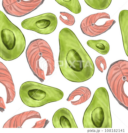 Watercolor pattern steak of red fish with slices of avocado. Hand pattern of red fish, salmon steak and ripe juicy avocado fruit. Healthy food Watercolor pattern steak of red fish with slices of avocado. Hand pattern of red fish, salmon steak and ripe juicy avocado fruit. Healthy food 108182141
