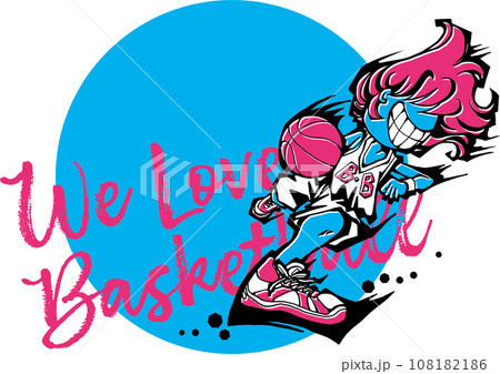 バスケットボールイラスト＜ピンク＆水色・WE LOVE BASKETBALL・女子＞ 108182186