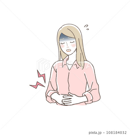 腹痛でお腹を押さえる女性のイラスト 108184032