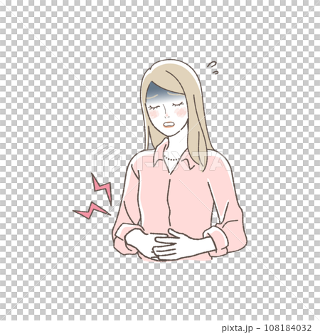 腹痛でお腹を押さえる女性のイラスト 108184032