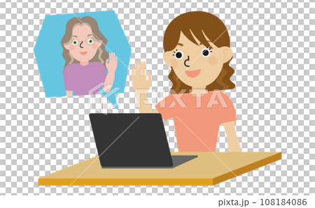 Japanese woman greeting a foreign teacher online with one hand raised Japanese woman greeting a foreign teacher online with one hand raised 108184086