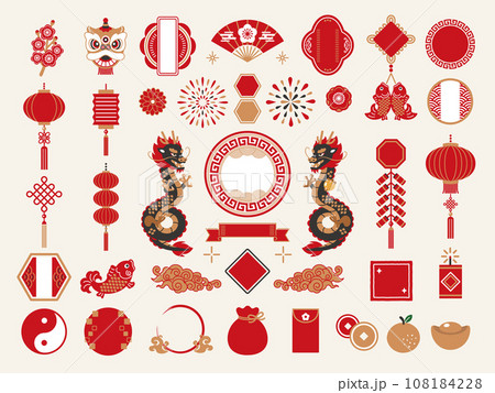 龍と中華風の装飾枠とアイコン素材セット 108184228