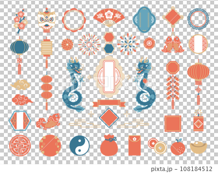 龍と中華風の装飾枠とアイコン素材セット 108184512