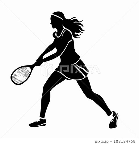 Female tennis player black icon on white background. Female tennis player silhouette 108184759