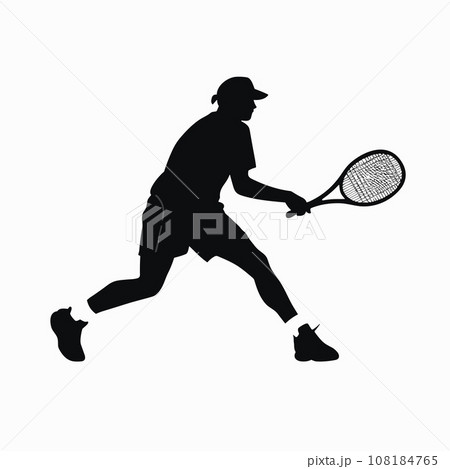 Tennis player black icon on white background. Male tennis player silhouette 108184765
