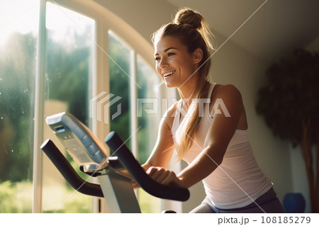 Photo of a young Caucasian blonde woman during a workout on a home exercise bike. 108185279