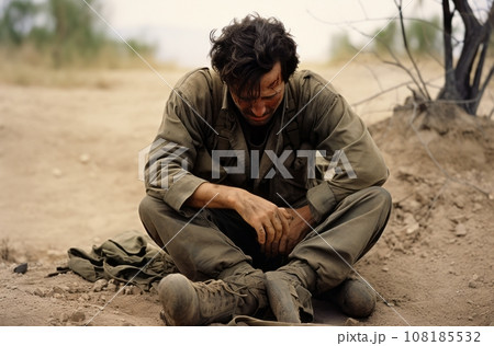 Exhausted male emergency doctor in military conditions in Southern Territories, despair and fatigue evident in his pose 108185532
