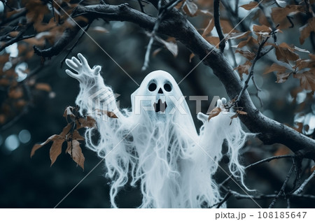 Ghostly figure in Halloween costume perched on tree branches Ghostly figure in Halloween costume perched on tree branches 108185647