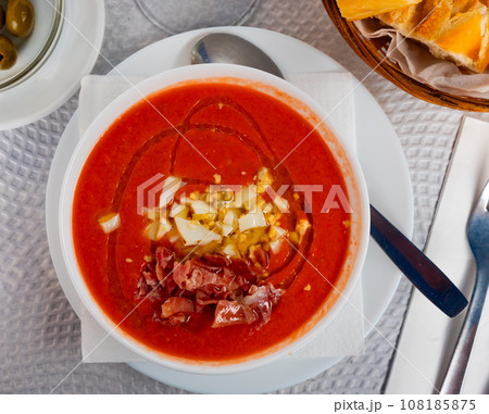 Cordoba salmorejo with ham and egg Cordoba salmorejo with ham and egg 108185875