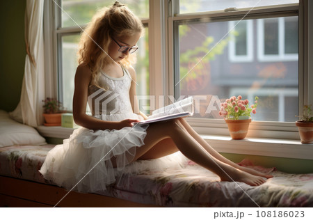 6 year old girl sits on windowsill, wearing ballet clothes, reading book, glasses on feet, ballet shoes 108186023