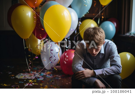 An 17 year old child sits amidst a messy room after their birthday celebration Balloons are deflating, gifts are scattered, and the child appears slightly sad An 17 year old child sits amidst a messy room after their birthday celebration Balloons are deflating, gifts are scattered, and the child appears slightly sad 108186041