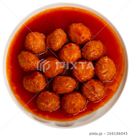 Appetizing meatballs with tomato sauce served on platter 108186045