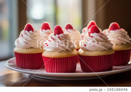 Six raspberry cupcakes on a kitchen counter, with morning light and a blurred background Six raspberry cupcakes on a kitchen counter, with morning light and a blurred background 108186046