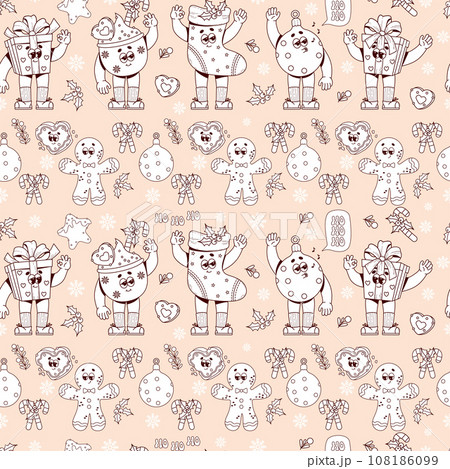 Groovy Hippie Retro Christmas festive seamless pattern with cartoon characters gifts, sock, gingerbread, Xmas ball. outline linear drawing. Merry Christmas and Happy New year background. 108186099