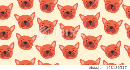 Vector seamless pattern with cute bulldog dog faces. Dog pattern on beige background. Vector illustration 108186537