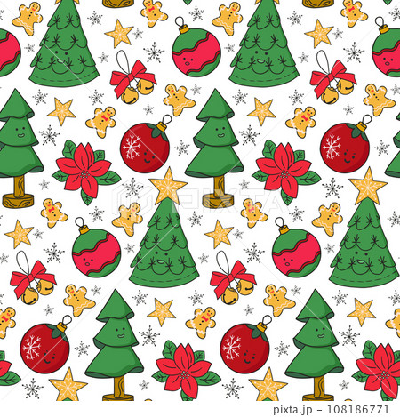 Cute kawaii Christmas decoration seamless pattern. Holiday design with childish characters in flat style on white background. Ideal foe decoration, wrapping paper, textile, wallpaper Cute kawaii Christmas decoration seamless pattern. Holiday design with childish characters in flat style on white background. Ideal foe decoration, wrapping paper, textile, wallpaper 108186771
