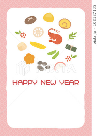 おせち料理と和柄フレームの年賀状素材、ピンク 108187135