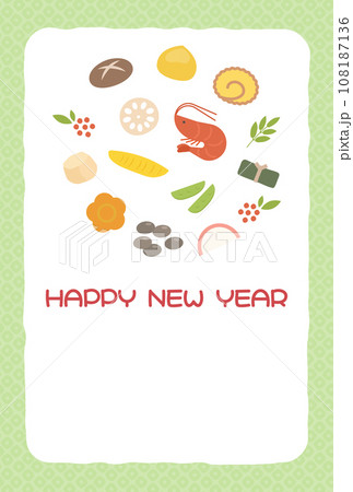 おせち料理と和柄フレームの年賀状素材、グリーン おせち料理と和柄フレームの年賀状素材、グリーン 108187136
