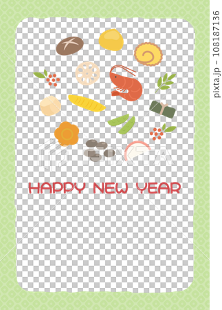 New Year's card material with Osechi cuisine and Japanese pattern frame, green New Year's card material with Osechi cuisine and Japanese pattern frame, green 108187136