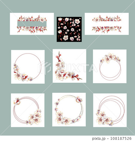 Watercolor frames of blooming apricot branches and flowers 108187526