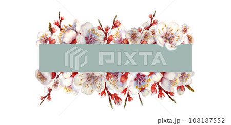 Watercolor frame of blooming apricot branches and flowers 108187552