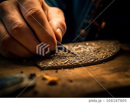 close-up of the hands of a master making embossing on metal. 108187805