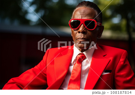 fashionable stylish senior man in a bright extravagant suit on the street.  fashionable stylish senior man in a bright extravagant suit on the street.  108187814