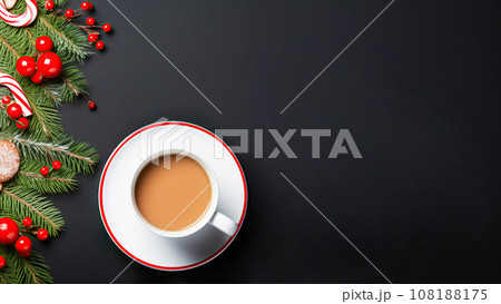 Mug of hot drink cocoa chocolate festive black background. New Year card template for winter holidays Christmas New Year 108188175