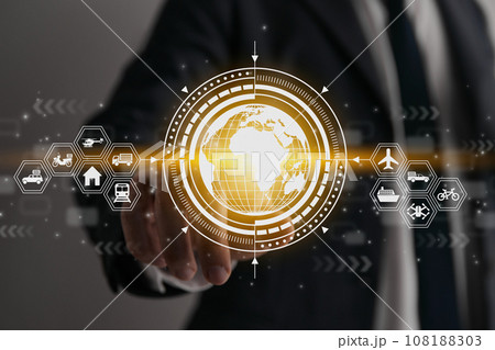 Businessman Hand and Finger Touch Globe or World and HUD Logistics Icon Businessman Hand and Finger Touch Globe or World and HUD Logistics Icon 108188303