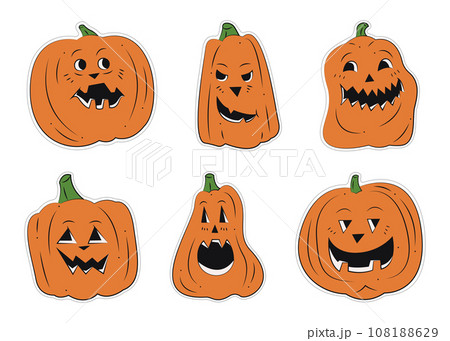 Set of 6 scary Halloween pumpkins with different carved faces. Color flat vector illustration. Set of 6 scary Halloween pumpkins with different carved faces. Color flat vector illustration. 108188629