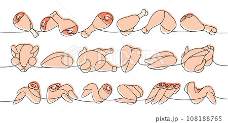 Fresh chicken parts set one line colored continuous drawing. Raw chicken meat parts continuous one line illustration. Vector linear illustration. 108188765