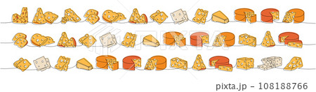 Set of cheese one line colored continuous drawing. Cheese products continuous one line illustration. Vector minimalist linear illustration 108188766