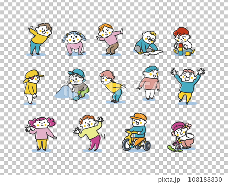 遊んだりお話したり楽しそうな小さい子供たち　セット　イラスト素材	 108188830